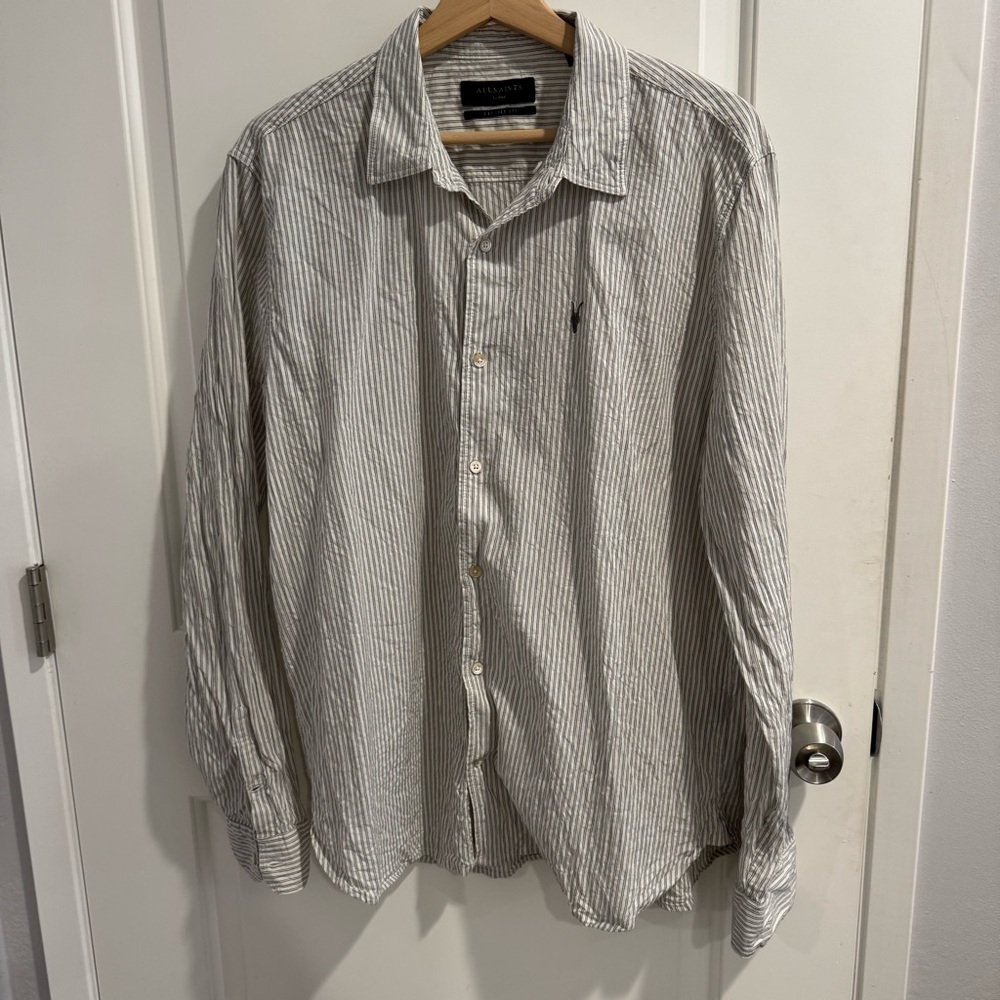 All Saints Villard Relaxed Fit Ramskull Striped Casual Button Down Shirt